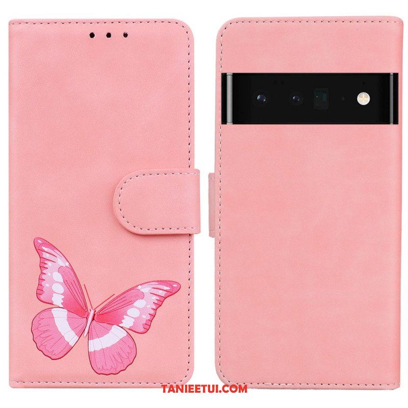 Etui Folio do Google Pixel 6 Pro Motyl Dotykający Skóry