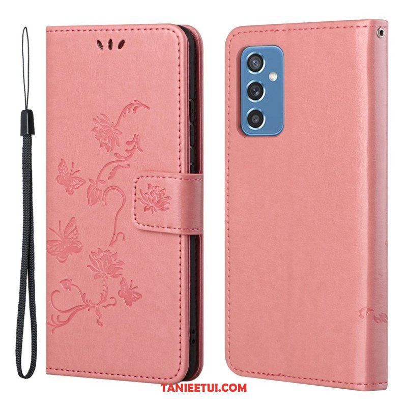 Etui Folio do Samsung Galaxy M52 5G z Łańcuch Pasek W Motyle I Kwiaty