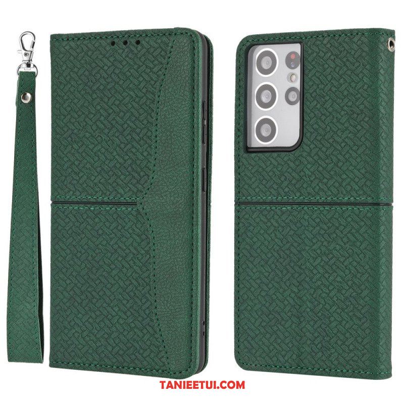 Etui Folio do Samsung Galaxy S21 Ultra 5G z Łańcuch Styl Tkanej Skóry Z Paskami