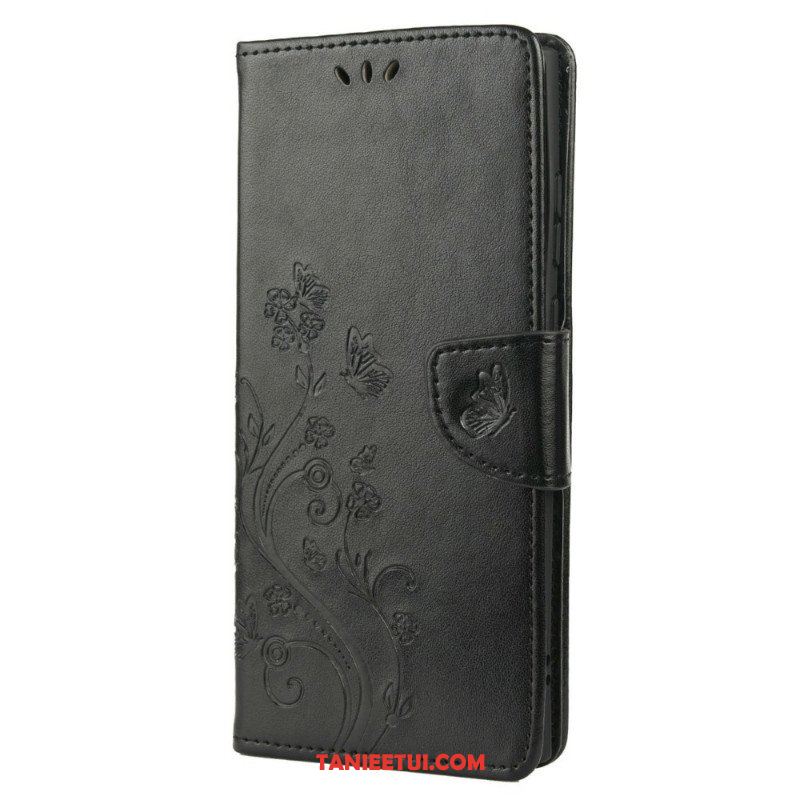 Etui Folio do Samsung Galaxy S22 Ultra 5G Motyle I Kwiaty Z Smyczem